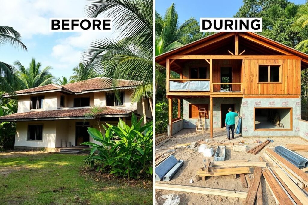 Home renovation project in Costa Rica showing before and during renovation Home renovation project in Costa Rica showing before and during renovation